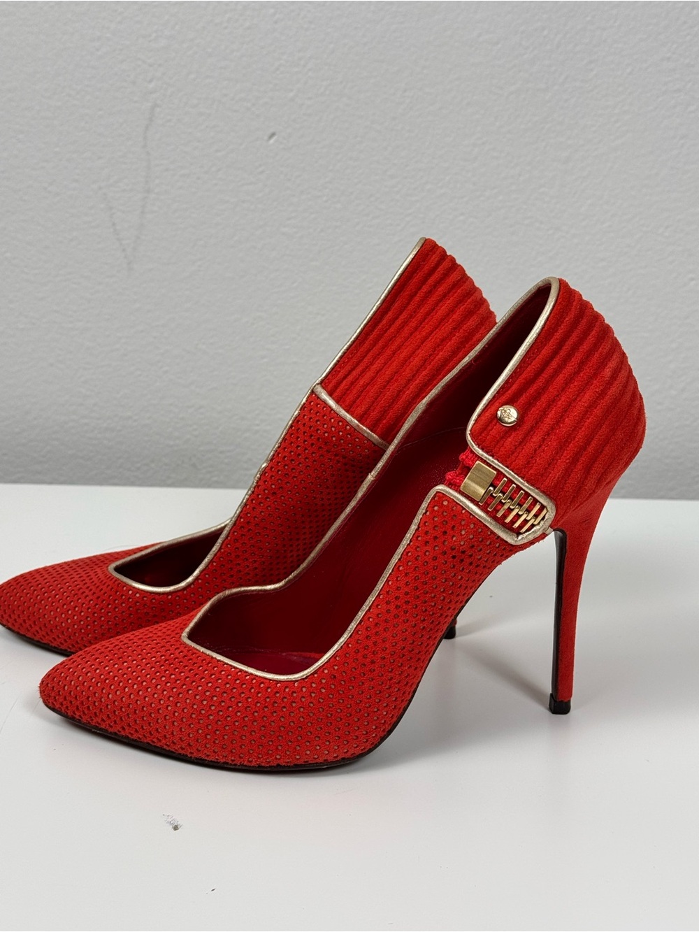 Cesare Paciotti Red Suede Perforated Pointed Toe Heels Pumps Size 37 Italy